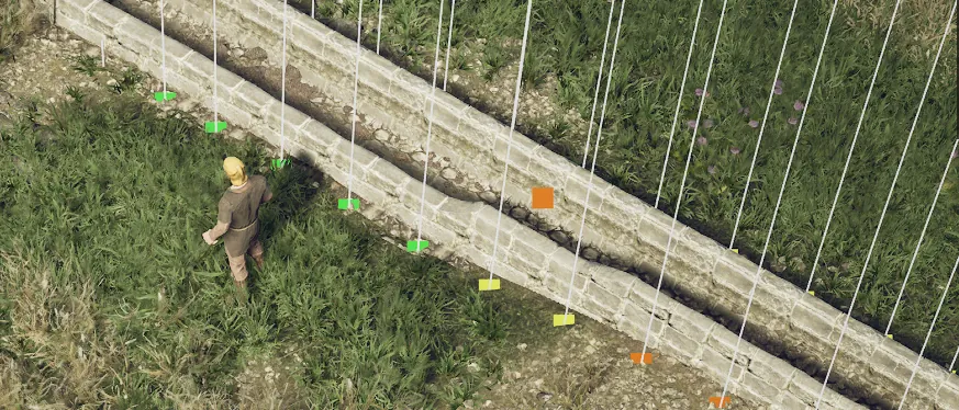Canal longé de marqueurs de débogage verts, jaunes et orange