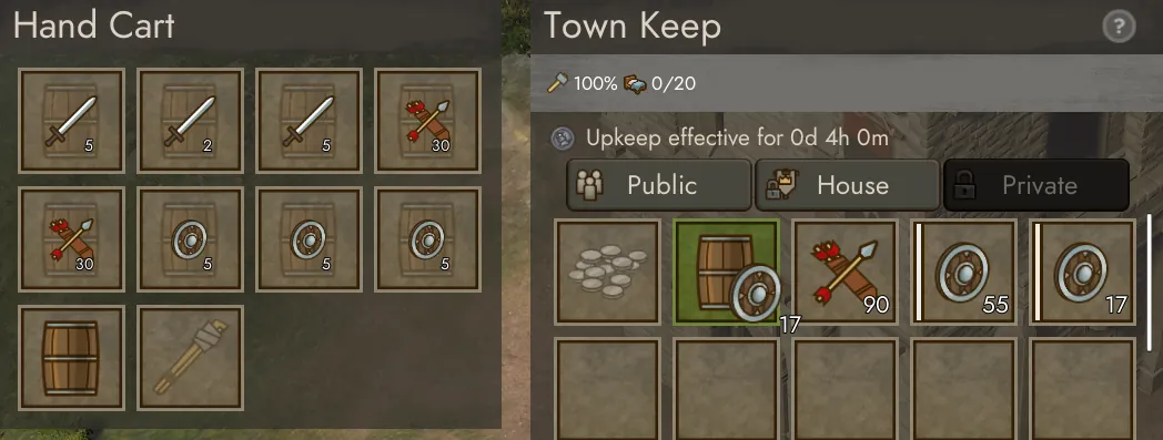 Transfert d'objets entre une charrette à bras et un Town Keep