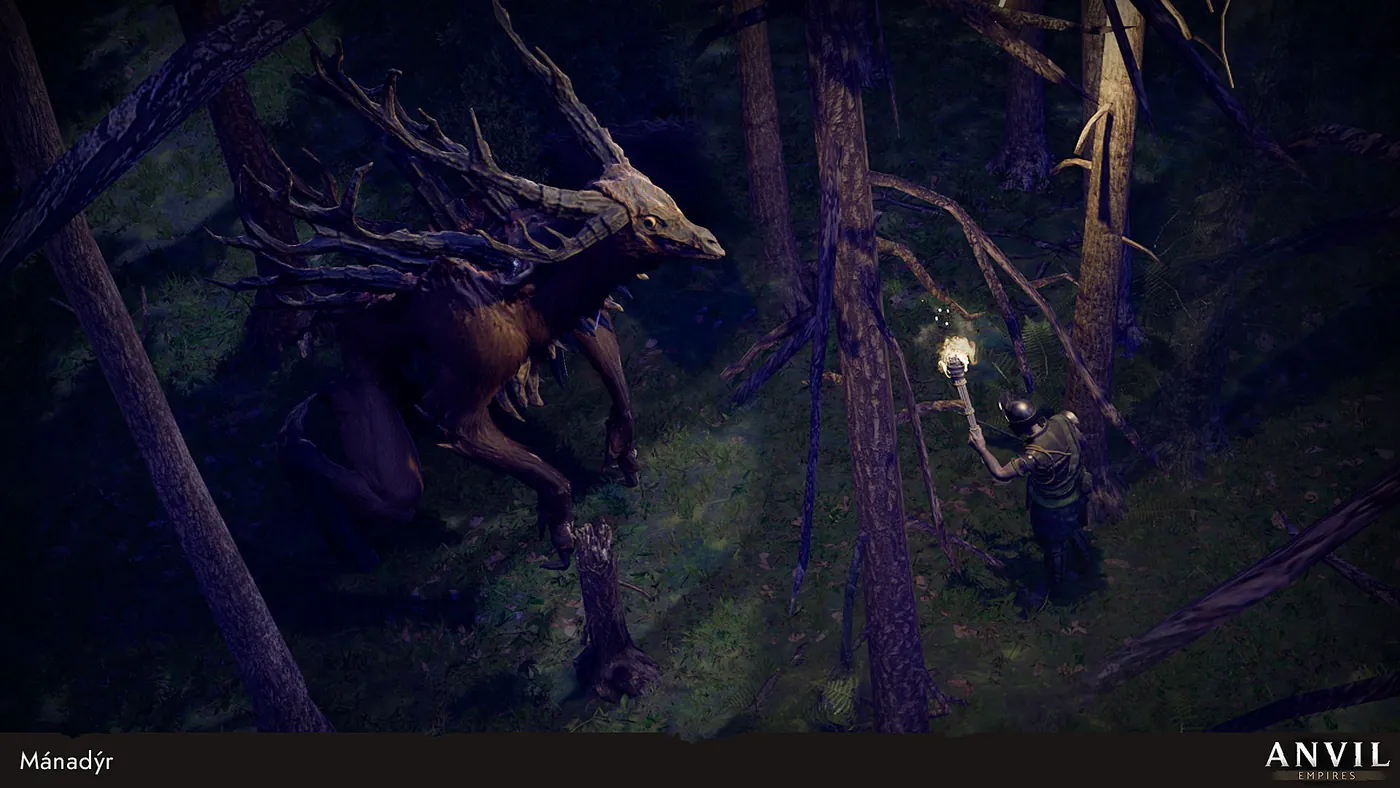 Le Mánadýr, créature proche du cerf, dans une forêt de nuit